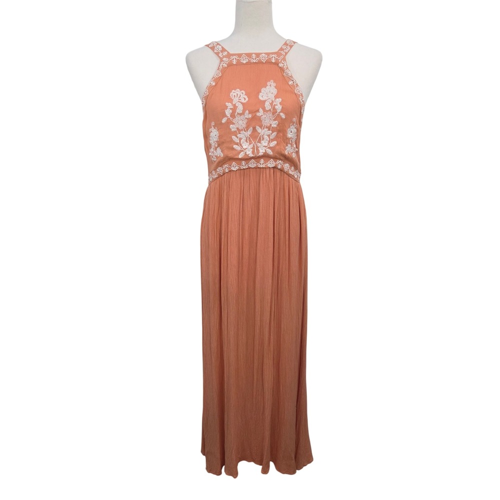En Creme Orange Rayon Maxi Dress Large Embroidered Floral Halter Boho Summer - Picture 2 of 16